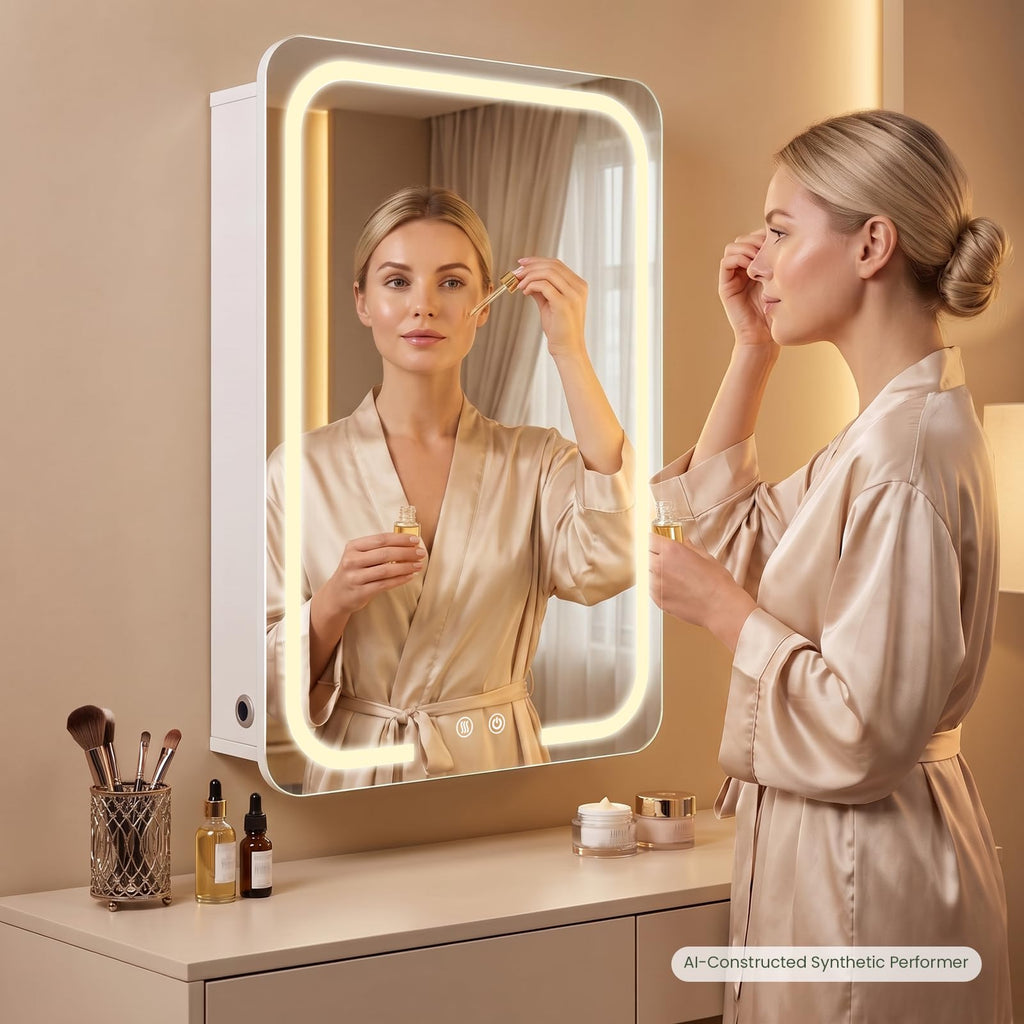 Lighted Medicine Mirror Cabinet with Heated Defog Function, White