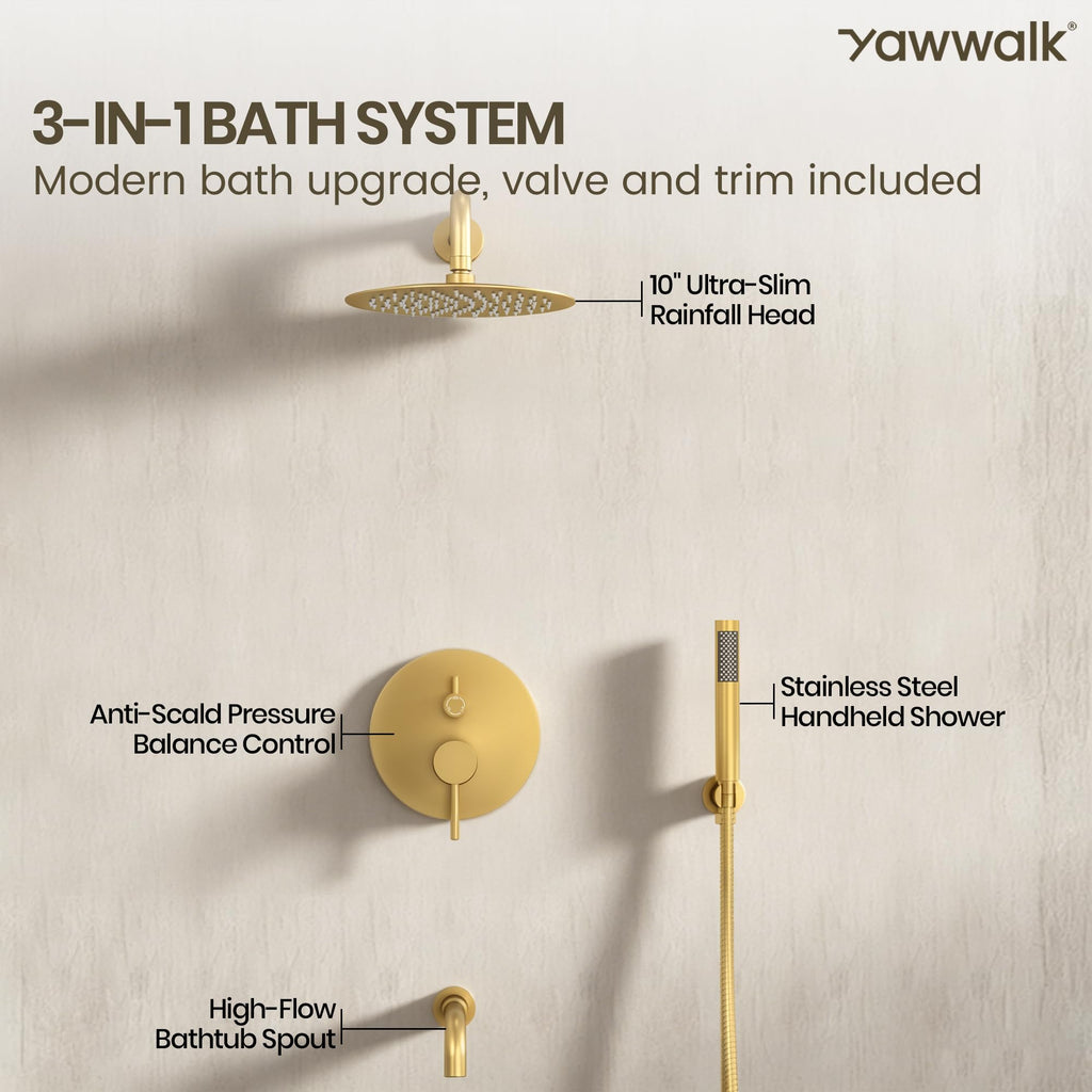 Bathtub Faucet Set, Shower System with Tub Spout, Valve, Brushed Gold