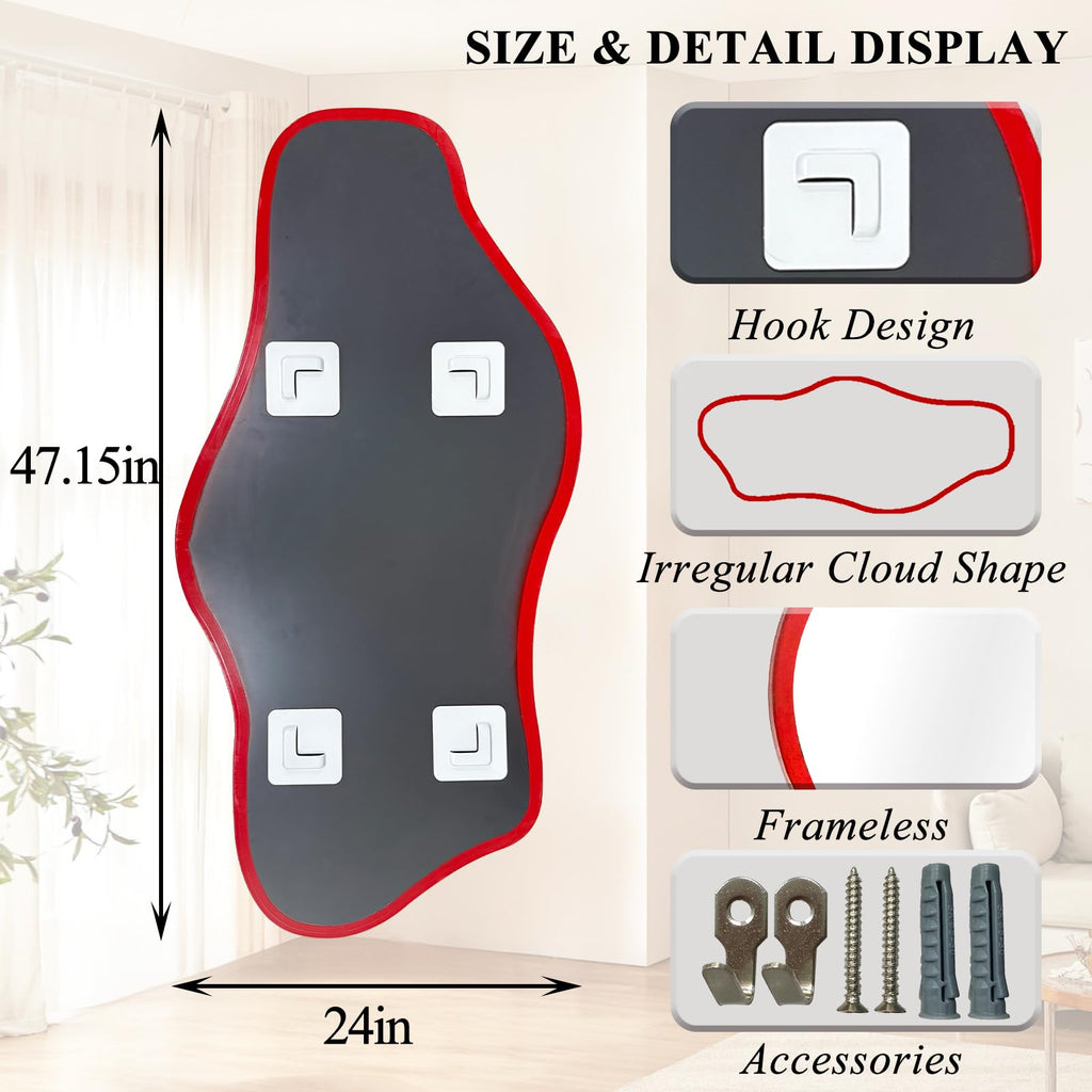 47"x24" Irregular Wall Mirror, Red Asymmetrical Frameless Mirror