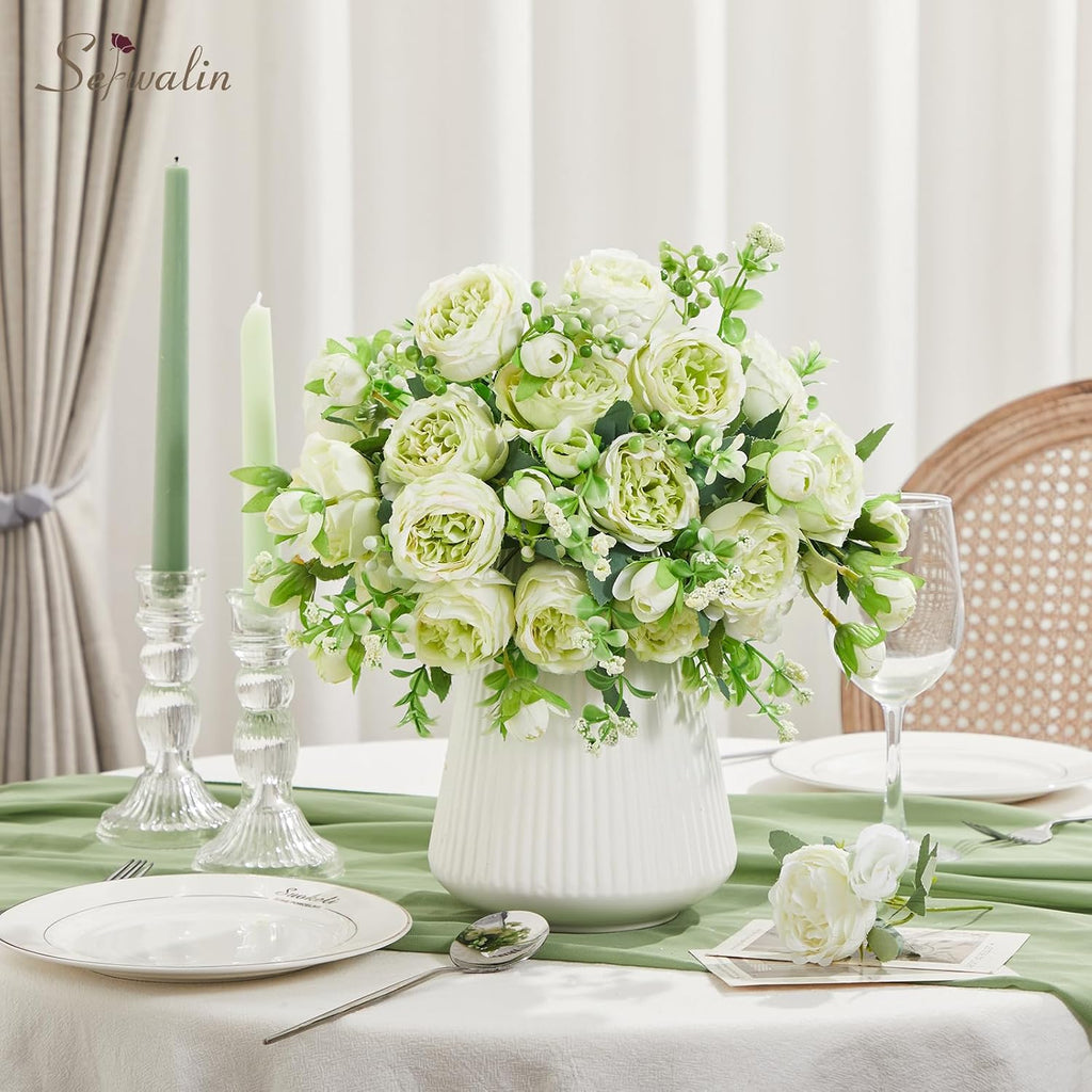 Bunches Peonies Artificial Flowers, Silk Green Peonies Bouquet Faux Flowers Bulk for Table Centerpieces Wedding - Set of 4