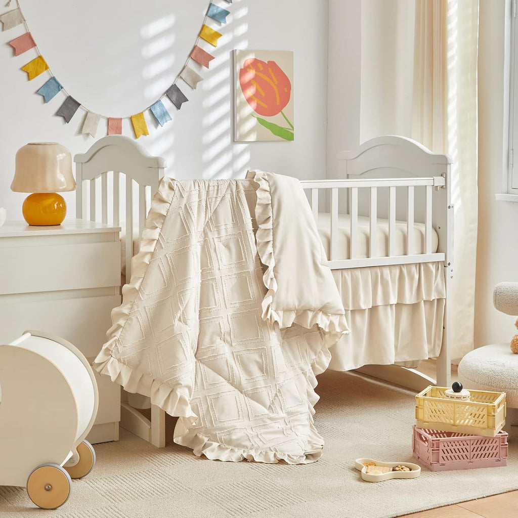 Tufted Ruffle Crib Bedding Set 3 Pieces Baby Boho Quilted Comforter with Fitted Sheet and Bed Skirt - Cute Ruffled