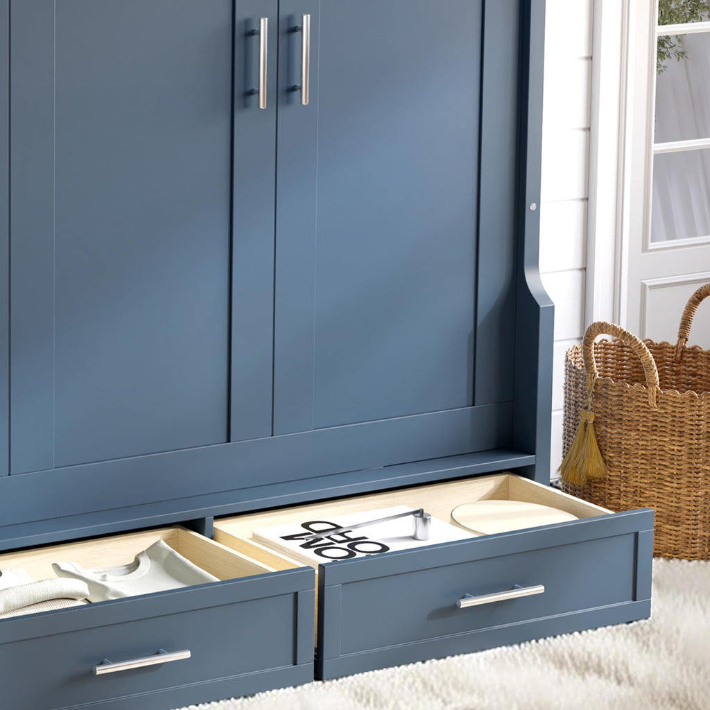Queen Size Horizontal Murphy Bed with Shelves & 3 Drawers, Blue