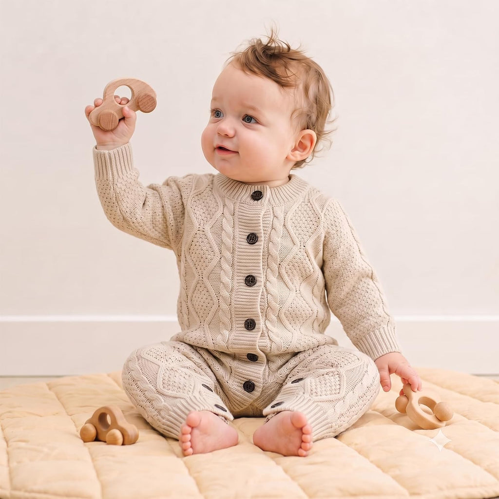 Baby Knit Sweater Romper Infant Long Sleeve Ribbed Outfit Clothes for Boys Girls with Beanie Hat Set