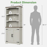 70 Inches Farmhouse Bookcase Bookshelf, Two-Tone Shelves, 5 Tier Bookshelf with Door Storage Arched Trim
