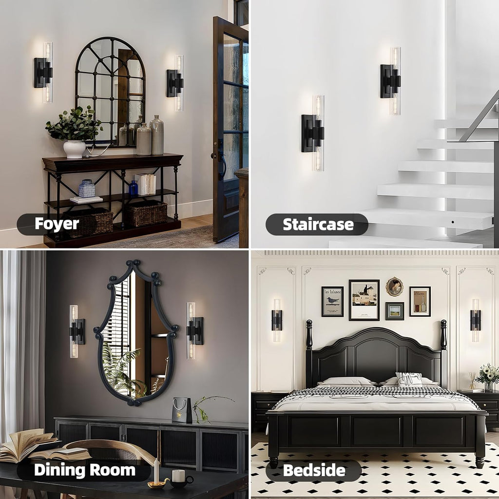 Black Wall Sconces Set of Two,Modern Bathroom Light Fixtures,2-Light Sconces Wall Lighting with Thickened Tempered