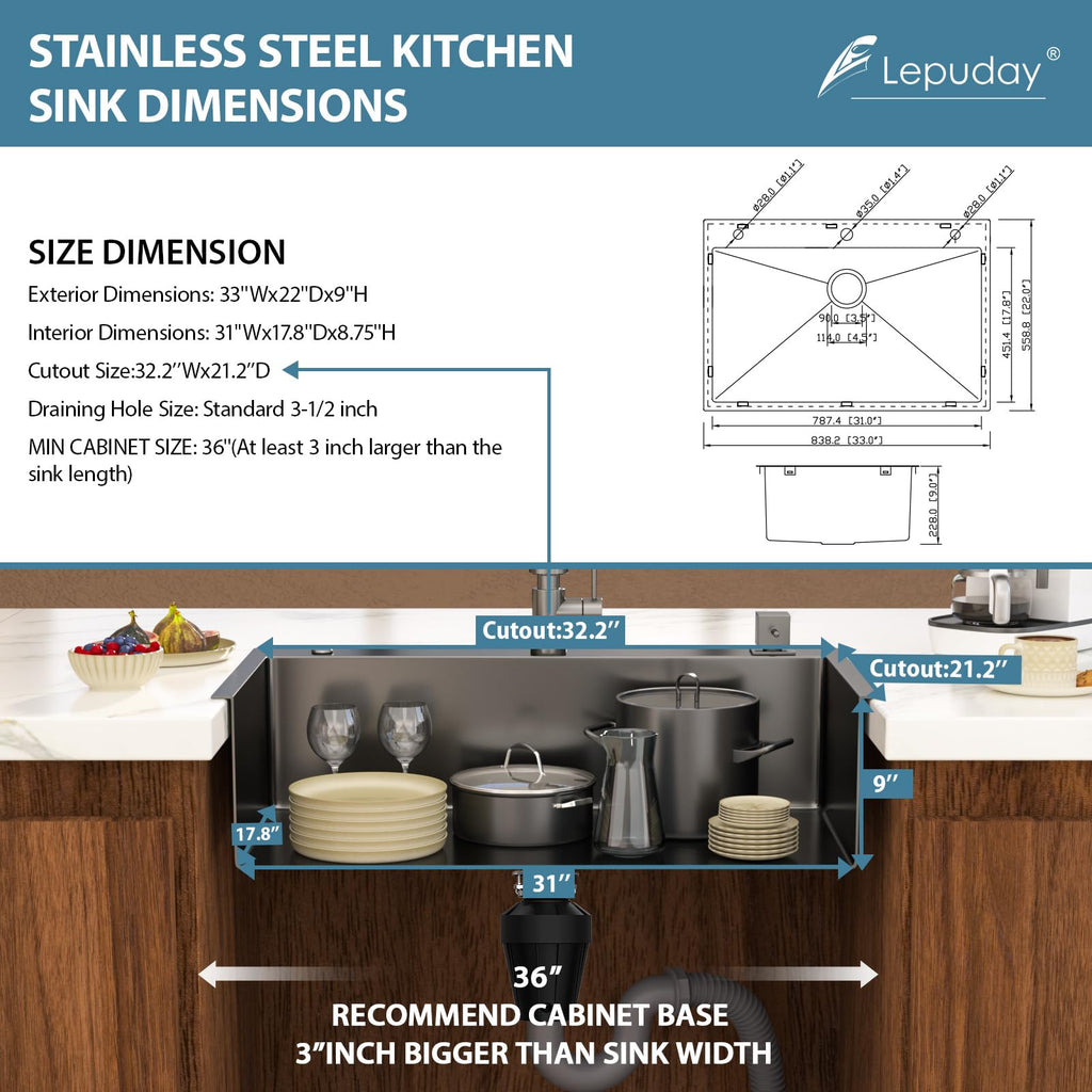 33 Inch Black Drop In Stainless Steel Sink Single Bowl