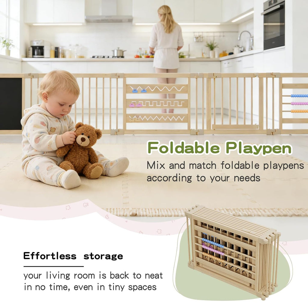 95x64in Foldable Wooden Baby Playpen with Gate, Child Safety Lock, CPC Certified Play Yard with Suction Cups