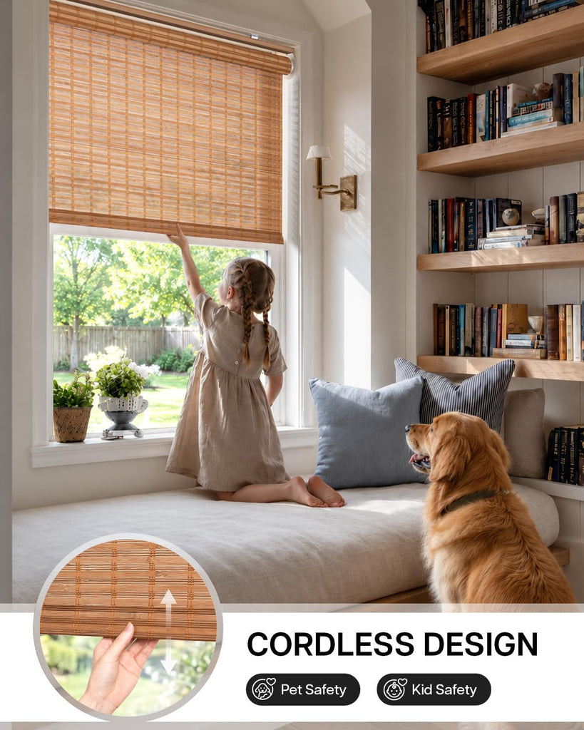 Cordless Bamboo Roller Shades, 34" W x 70" H, Squirrel | Natural Light Filtering Bamboo Window Blinds, Bamboo Roll Up