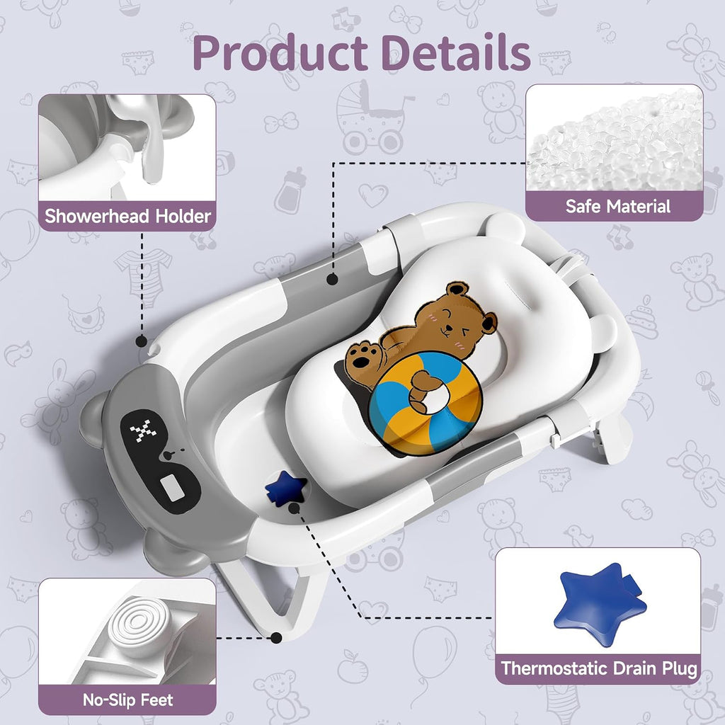 Collapsible Baby Bathtub for Newborn to Toddler (0-18 Months) - Foldable Baby Bath Tub with Soft Towel, Newborn