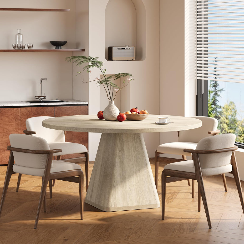 47 Inch Round Dining Table for 4-6, Square Pedestal Base, Oak