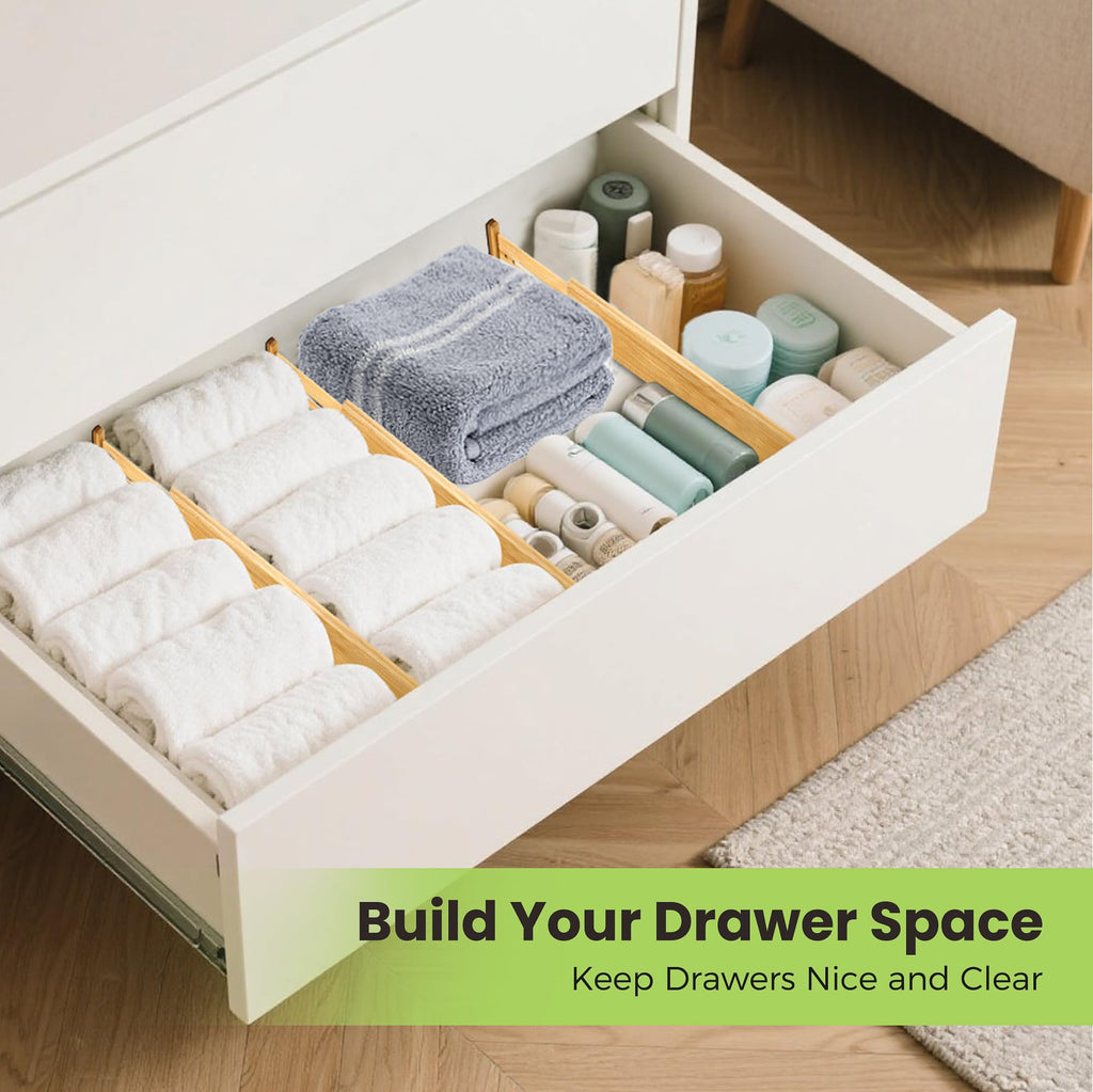 Drawer Organizer, Spring-Loaded Expandable Bamboo Dividers 8-Pack