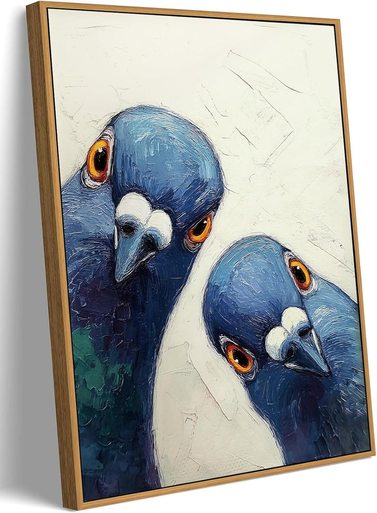 Framed Funny Pigeons Bathroom Wall Art Blue Bird Canvas Art Prints Quirky Wall Decor Pictures Whimsical Paintings