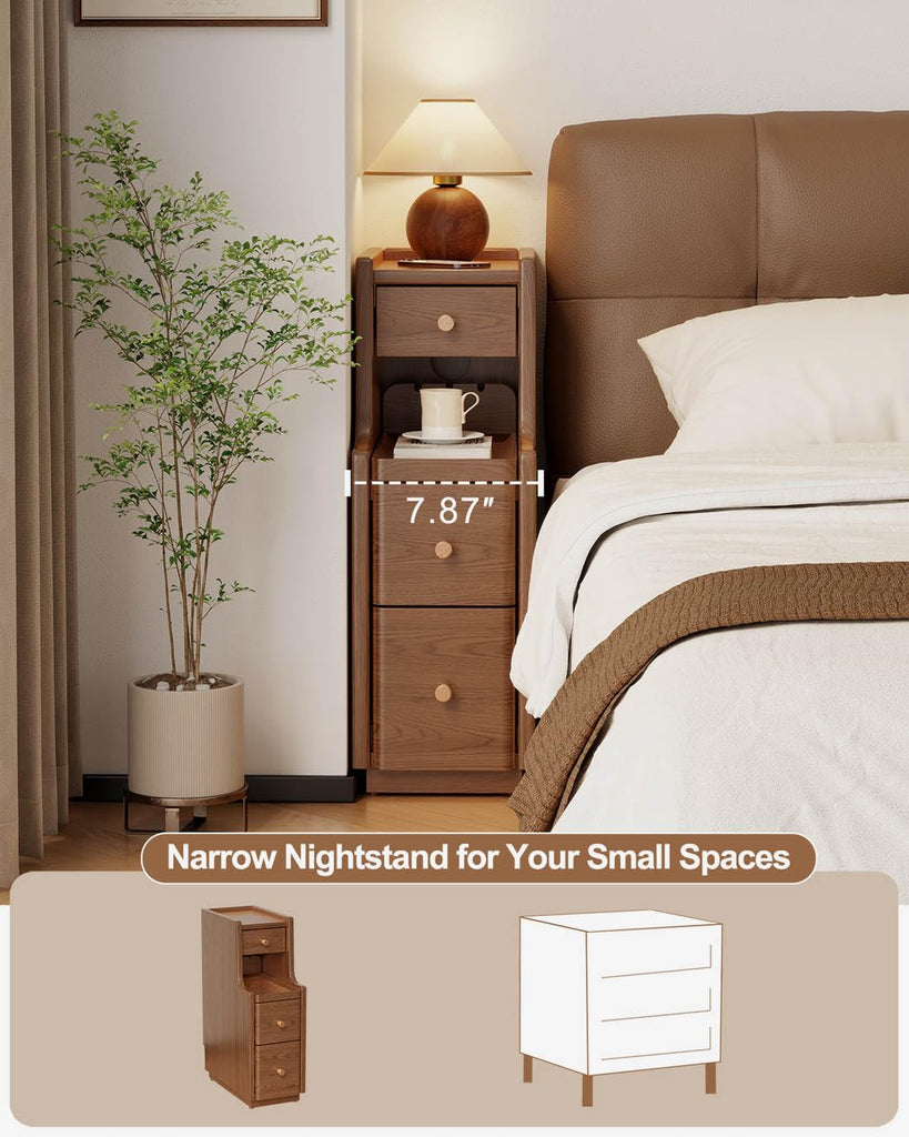 Solid Wood Narrow Nightstand with 3 Drawers, Modern Walnut, Fully Assembled
