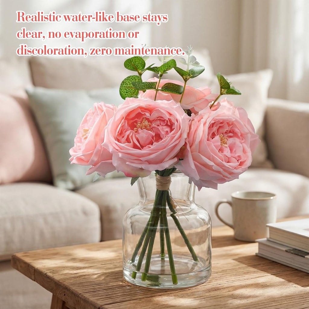 Real to Touch Penoies Artificial Flowers, Faux Austin Rose in Vase with Big Bloom and Fake Water Real Latex - Set of 6