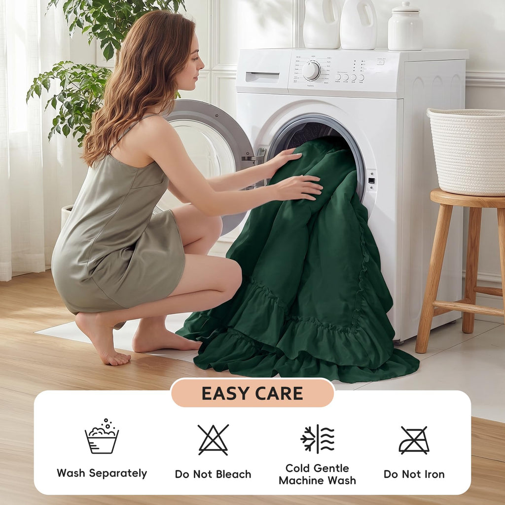 Dark Green Ruffle Comforter Set 3‐Piece Farmhouse Bedding