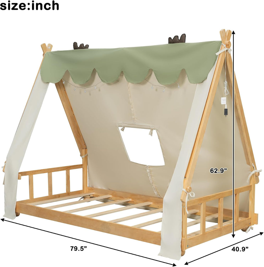 Twin Size House Bed with Tent & Light, Wooden Full Montessori Floor Beds for Kids with Roof, DIY Playhouse, No Box
