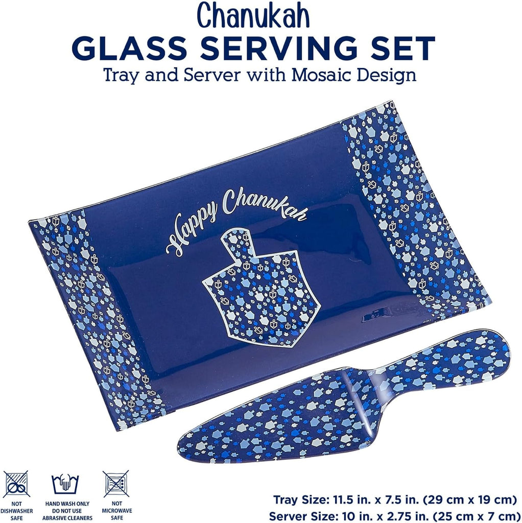 Hanukkah Glass Tray & Server Gift Set by | Elegant Jewish Holiday Party Favors Hostess Gifts Chanukah Mosaic Design