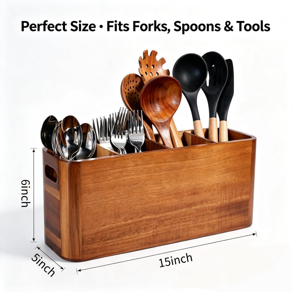 Wooden Kitchen Utensil Holder Organizer for Counter or Countertop, Large Wooden Utensil Holder for Storage Cooking