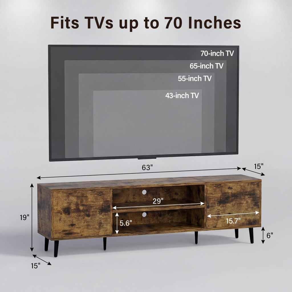 Mid-Century Modern TV Stand with Storage, 63 Inch, Rustic Brown