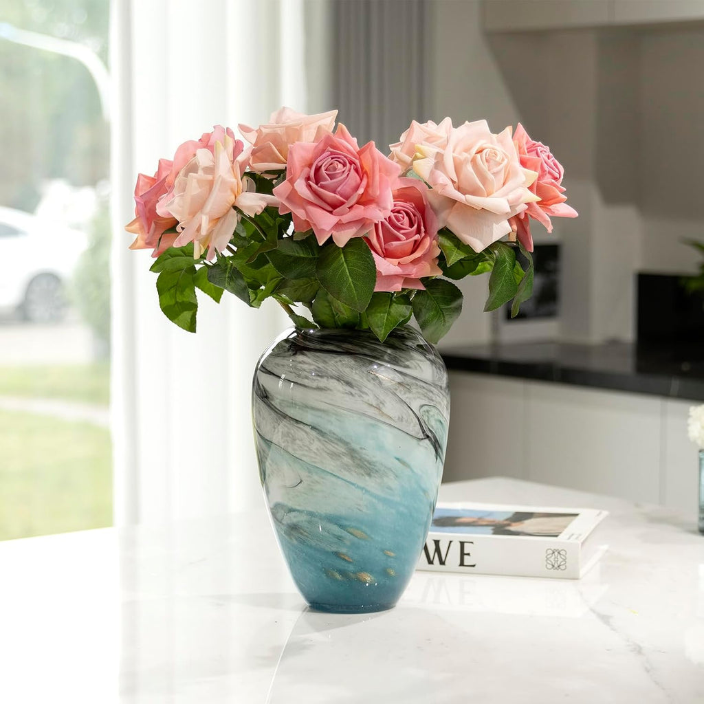 11" H Teal Glass Vases for Flowers, Unique Hand Blown Glass Vase Blue Home Decor, Wide Mouth Colorful Flower Vase