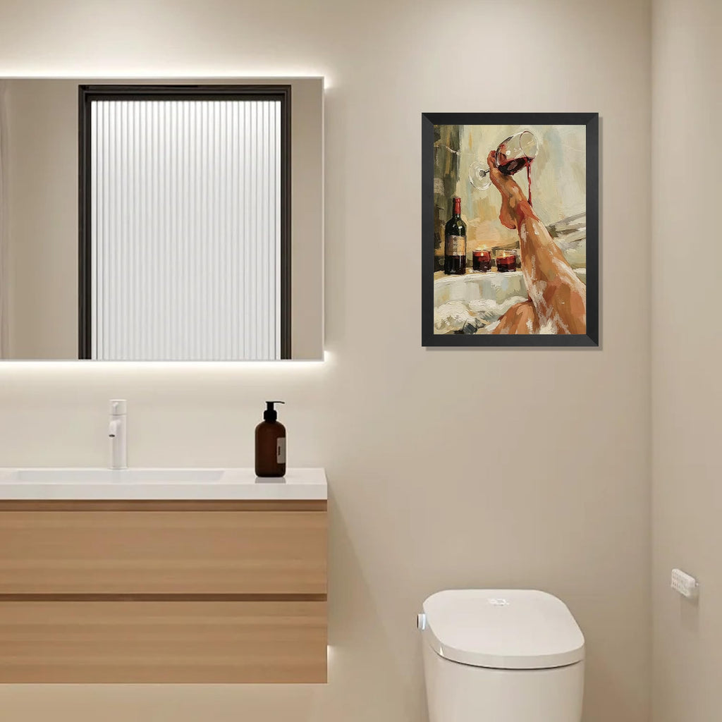 Luxury Bathtub Scene with Wine Glass Wall Art, Elegant Legs & Candlelight Print, Romantic Spa Decor for Master Bath