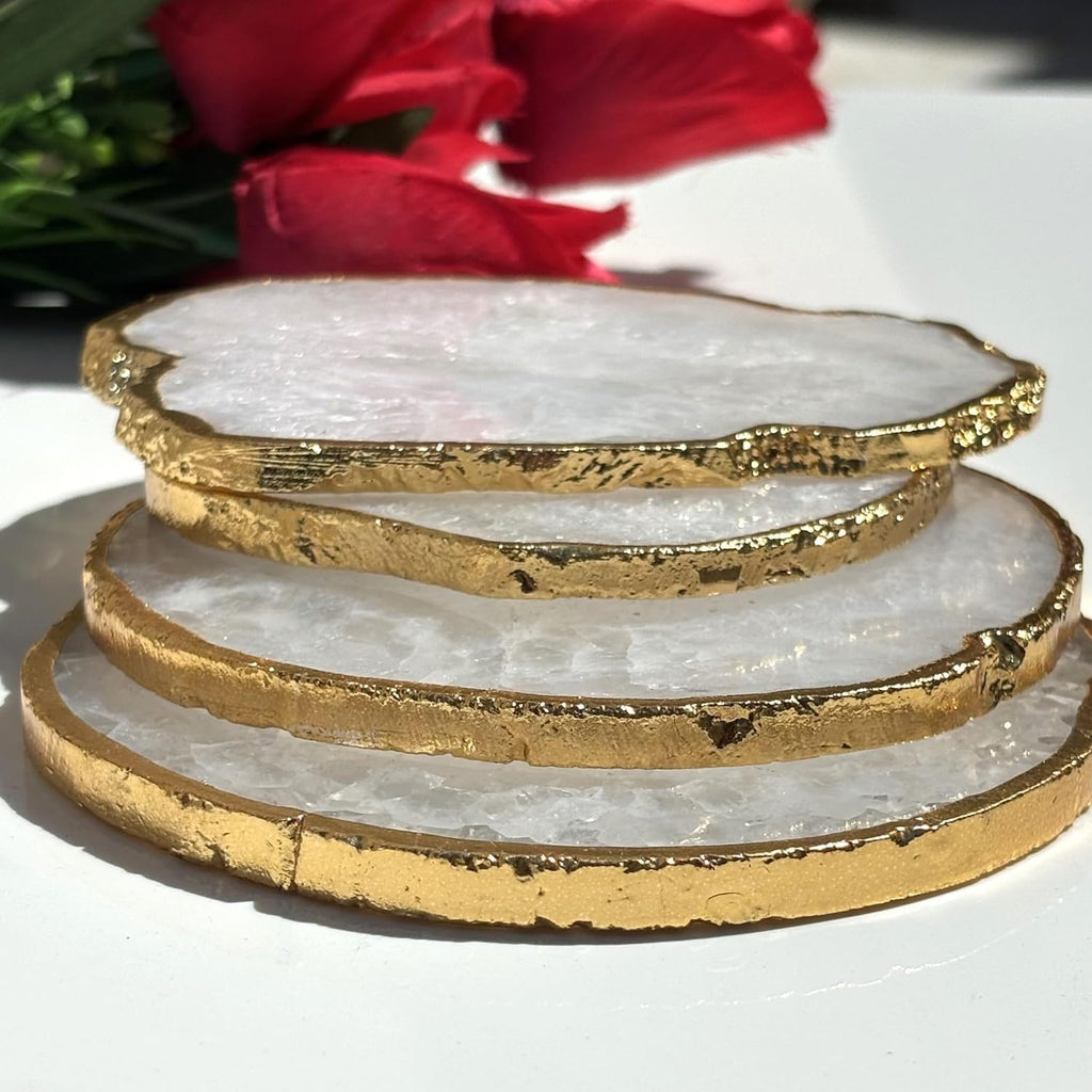 White Agate Stone Crystal Coasters with Gold Edge White Agate Coasters 3.5 to 4 inch Salted Agate Coaster - Set of 4