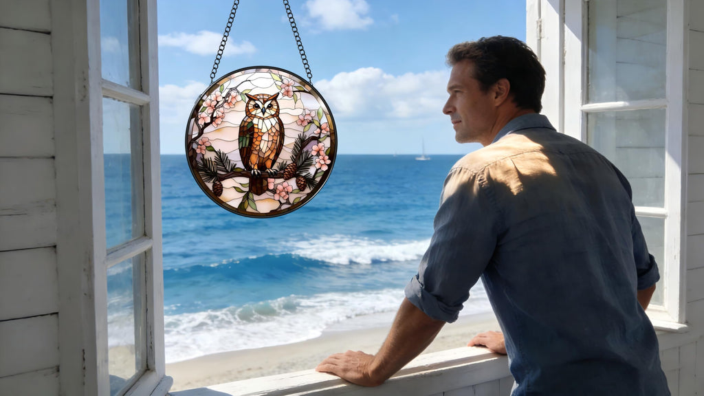 Stained Glass Window Hanging - The Owl is on The Branch of The Pine Tree 6.3 Inches Suncatcher for Garden Home Decor
