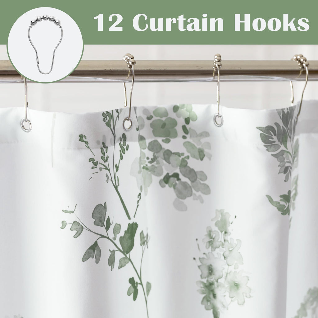 Extra Long 84 Inch Shower Curtains, Fabric Waterproof White and Sage Green Boho Floral Pattern Farm House