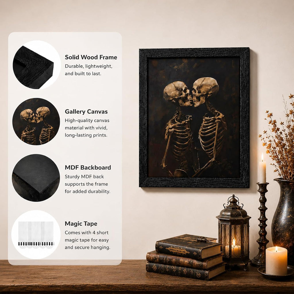 Framed Halloween Skeleton Lovers Wall Art Dark Romantic Kissing Skeletons Pictures Prints Horror and Eeriness Wall