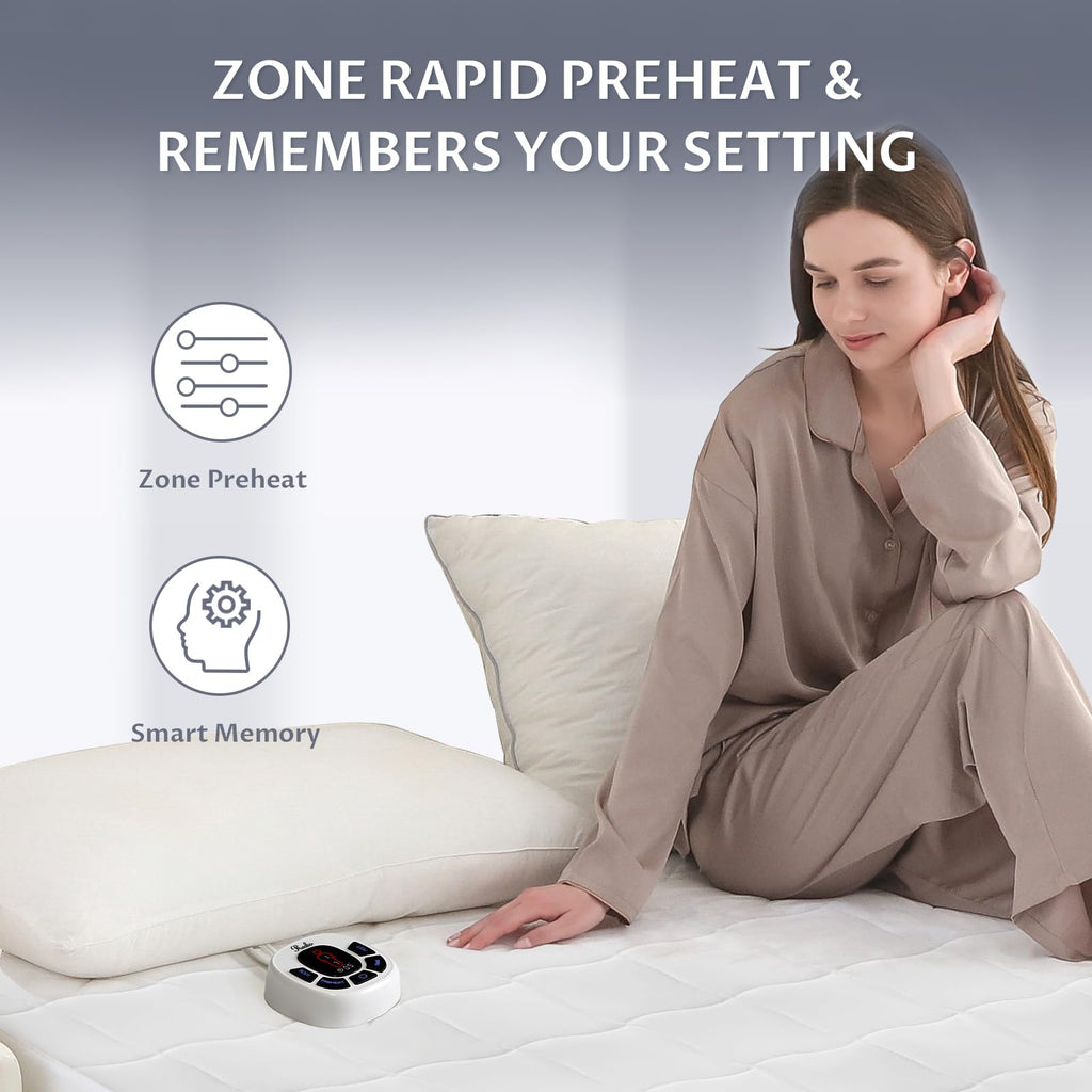 Multi-Zone Heated Mattress Pad King, Quilted Surface, Preheat & Memory