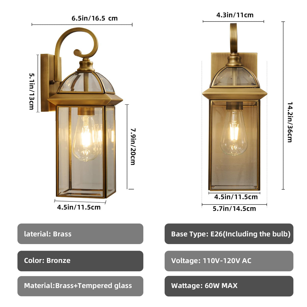 Brass Outdoor Wall Lights, Waterproof Porch Sconces, Bulbs Included, 2-Pack