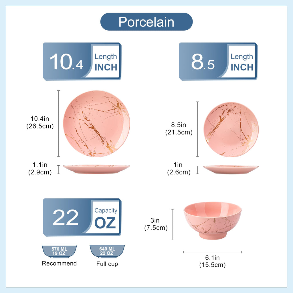 Pink Dinnerware Sets for 4, 12 Piece Porcelain Plates and Bowls Sets, Gold Splash Dish Set, Modern Ceramic Dinner