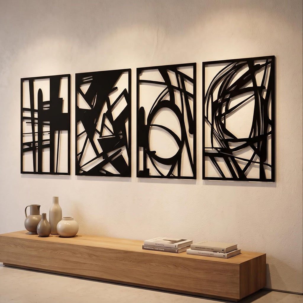 Black Metal Abstract Geometric Hollow Wall Sculpture Decor Set - Set of 4