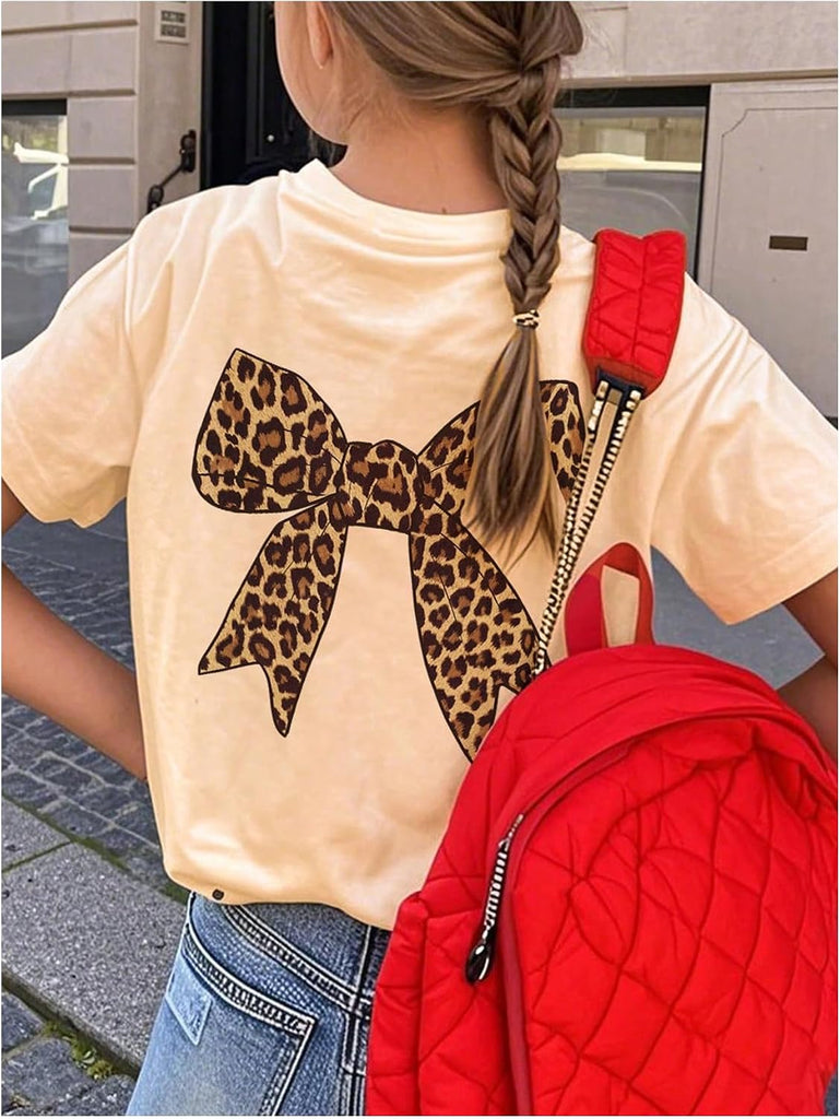 Girl's Leopard Bow Graphic Tees Preppy Baggy T Shirt Summer Tops