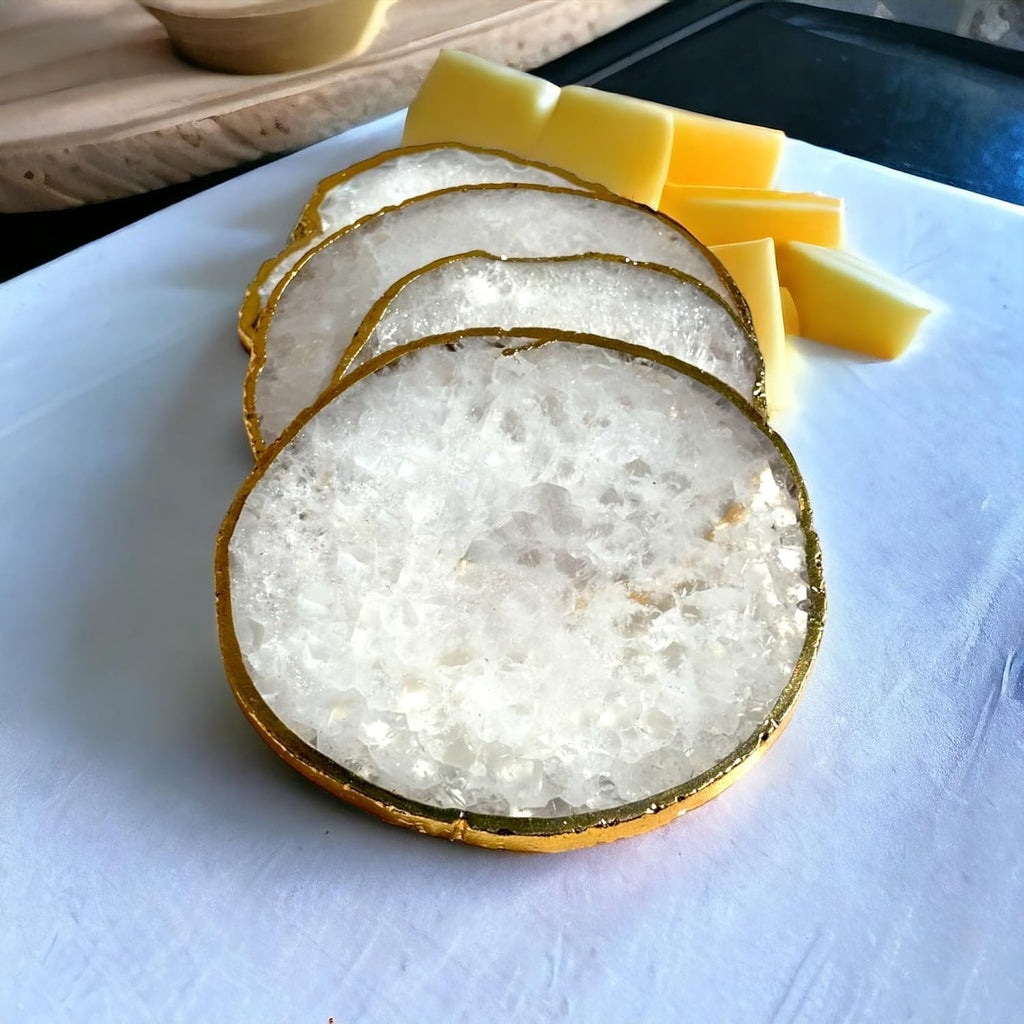 White Agate Stone Crystal Coasters with Gold Edge White Agate Coasters 3.5 to 4 inch Salted Agate Coaster - Set of 4