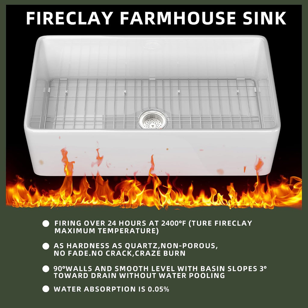 White Farmhouse Sink 33 inch Fireclay Apron Front Farm House Kitchen Sink Single Bowl Deep Drop In Undermount