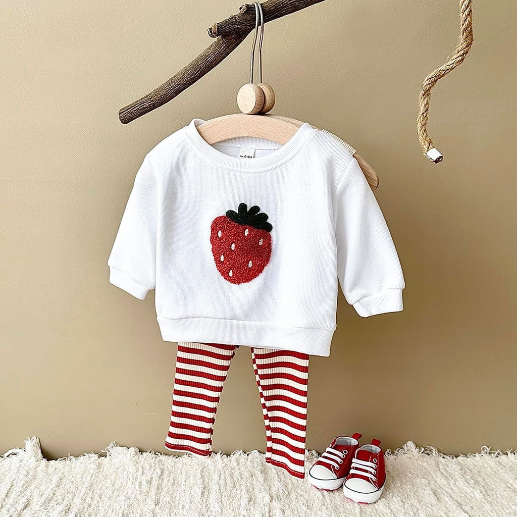 Baby Girls' And Toddler Long Sleeve Active Shirt and Pant, 2 Piece, Strawberry & Lemon Embroidery Top + Stripe Pants
