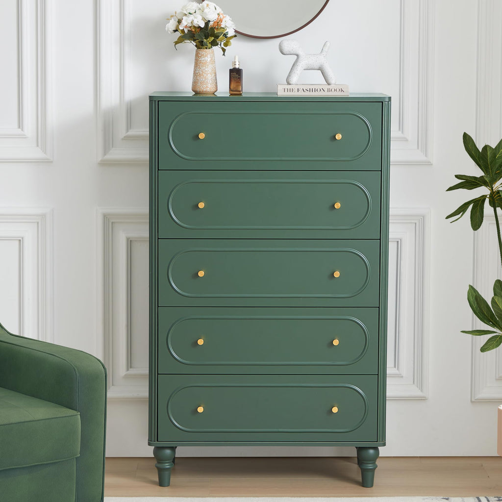 Fluted 5 Drawer Dresser, Mid Century Modern Chest of Drawers, Wood Storage Large Dresser Organizer Living Room