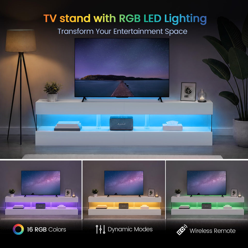 LED White TV Stand for 75 Inch TV, Entertainment Center, TV Console