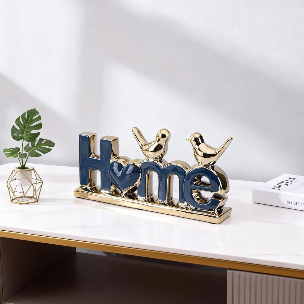 Blue and Gold Ceramic Home Sign,Blue and Gold Bird Sculpture, Modern Creative Decorative Sculpture, Suitable Coffee