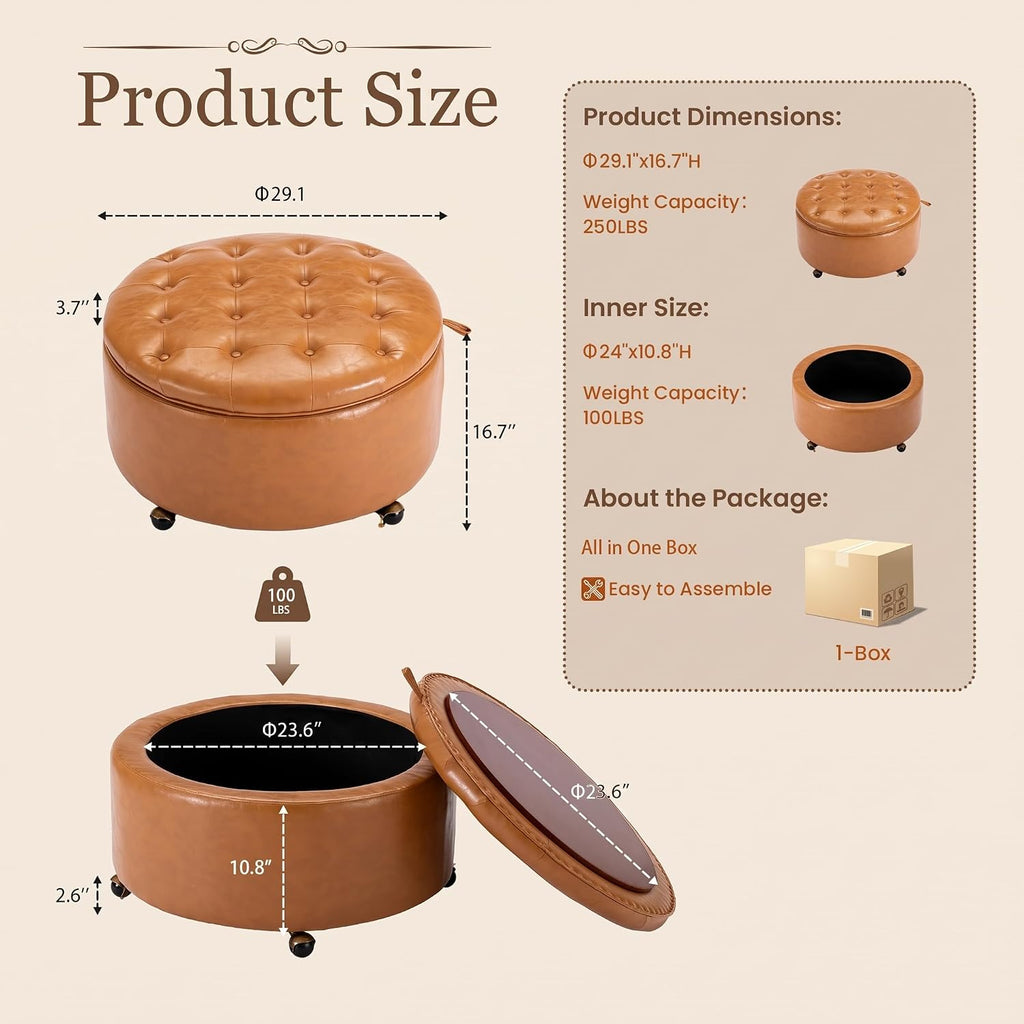 29" Large Round Storage Ottoman with Tray , Camel | Round Ottoman Coffee Table with Storage, Poofs/Ottomans Footrest