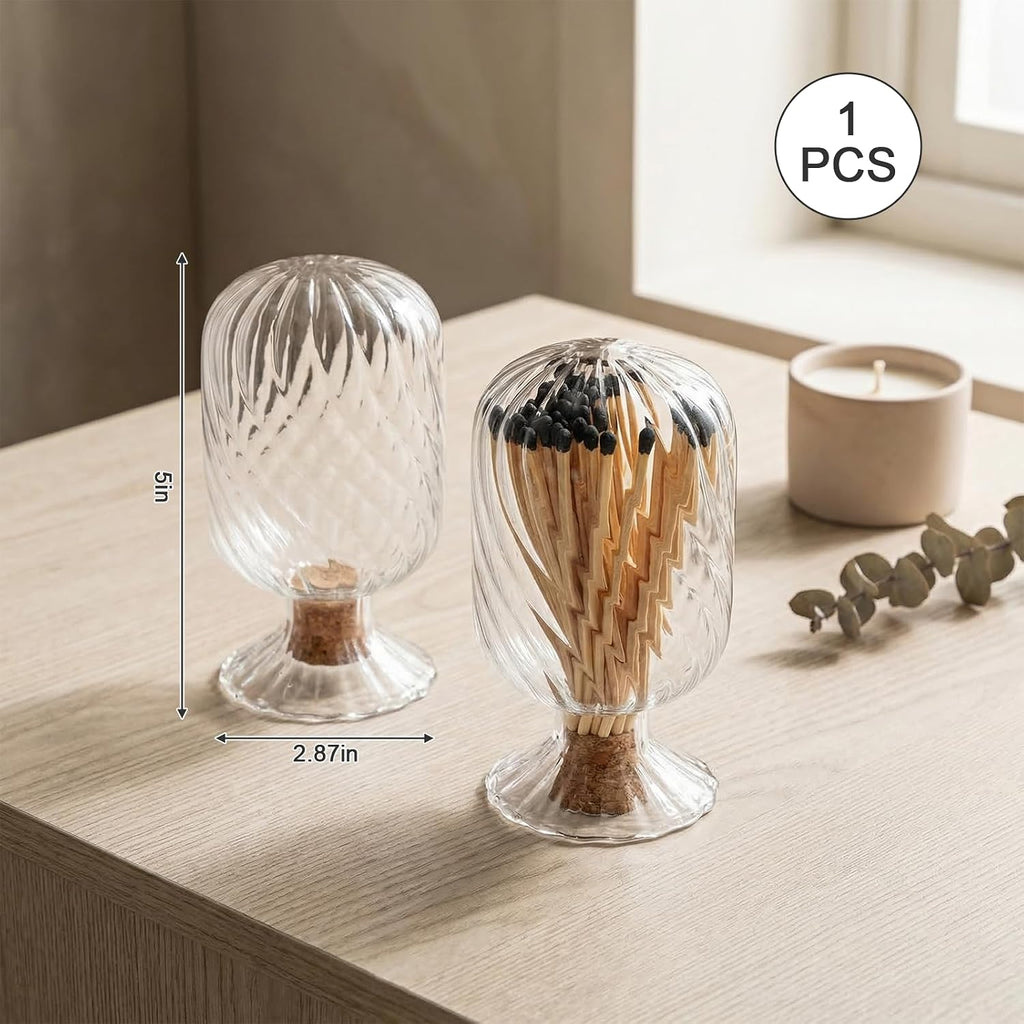 Transparent Helix Glass Match Cloche, Decorative Match Holder Jar, Stylish Matches in a Jar for Candles & Fireplace