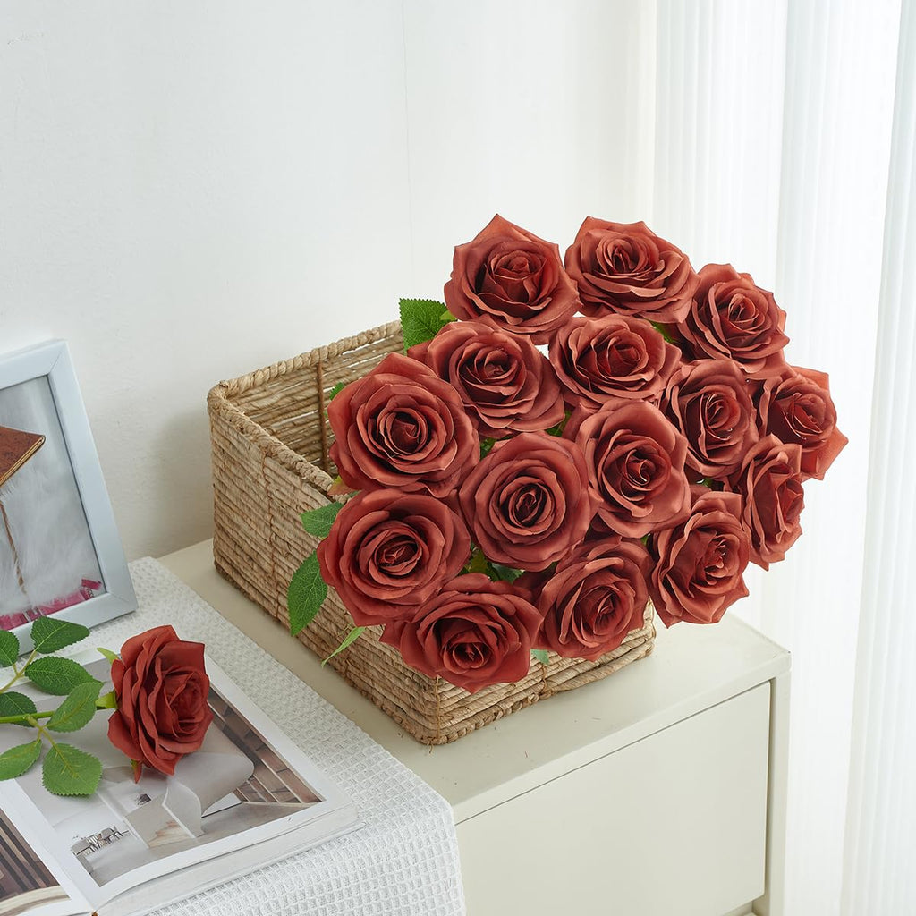 50pcs Burnt Orange Roses Artificial Flowers Bulk, Fake Roses Silk Flower with Stems Realistic Flowers for Wedding