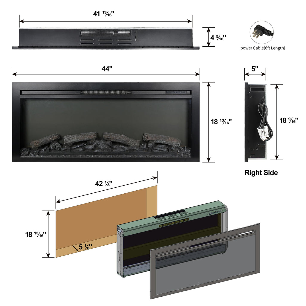44" Electric Fireplace Insert, Realistic Flame & Resin Log, Adjustable Flame Brightness, Thermostat, Remote, Timer