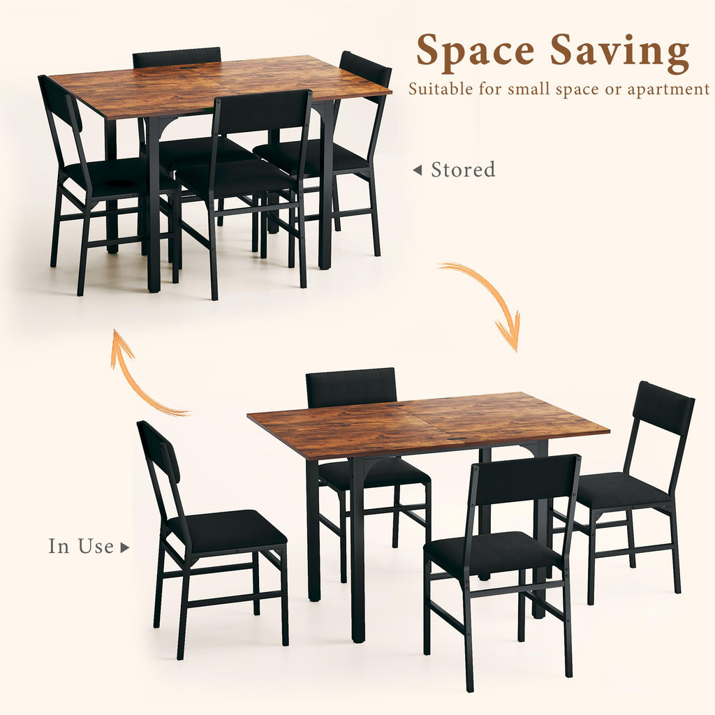 Dining Table Set for 4, Extendable Kitchen Table Cushion Chairs Set of 4, Rectangle Dining Table with Metal Frame &