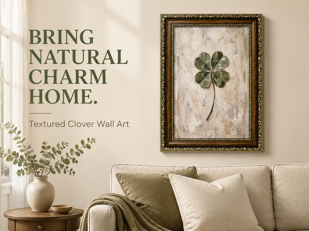 Vintage Framed Four Leaf Clover Wall Art Green Shamrock Botanical Wall Decor Rustic Neutral Green Plant Painting