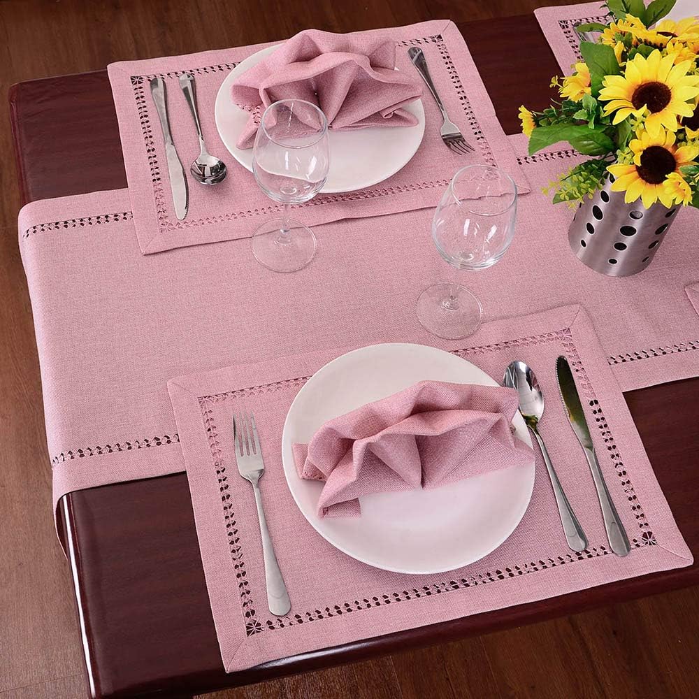 Handcrafted Solid Color Dining Table Placemats, Double-Hemstitched (Pink, 12 x 18 Placemats (Set of 4))