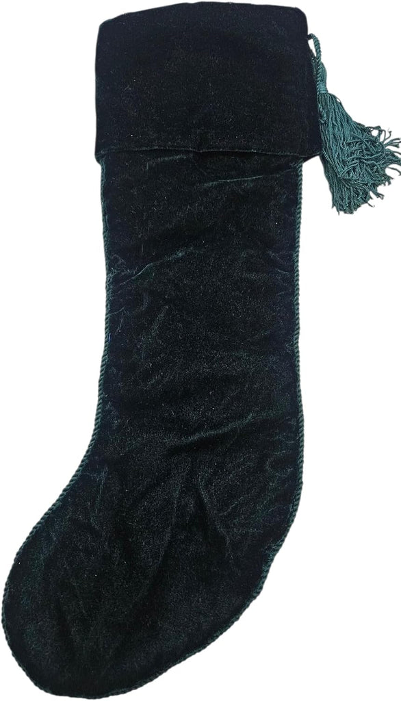 Luxury Velvet Christmas Stocking 21" x 7" - Hand Beaded, Embroidered Green Stocking with Tassel for Mantle Décor &