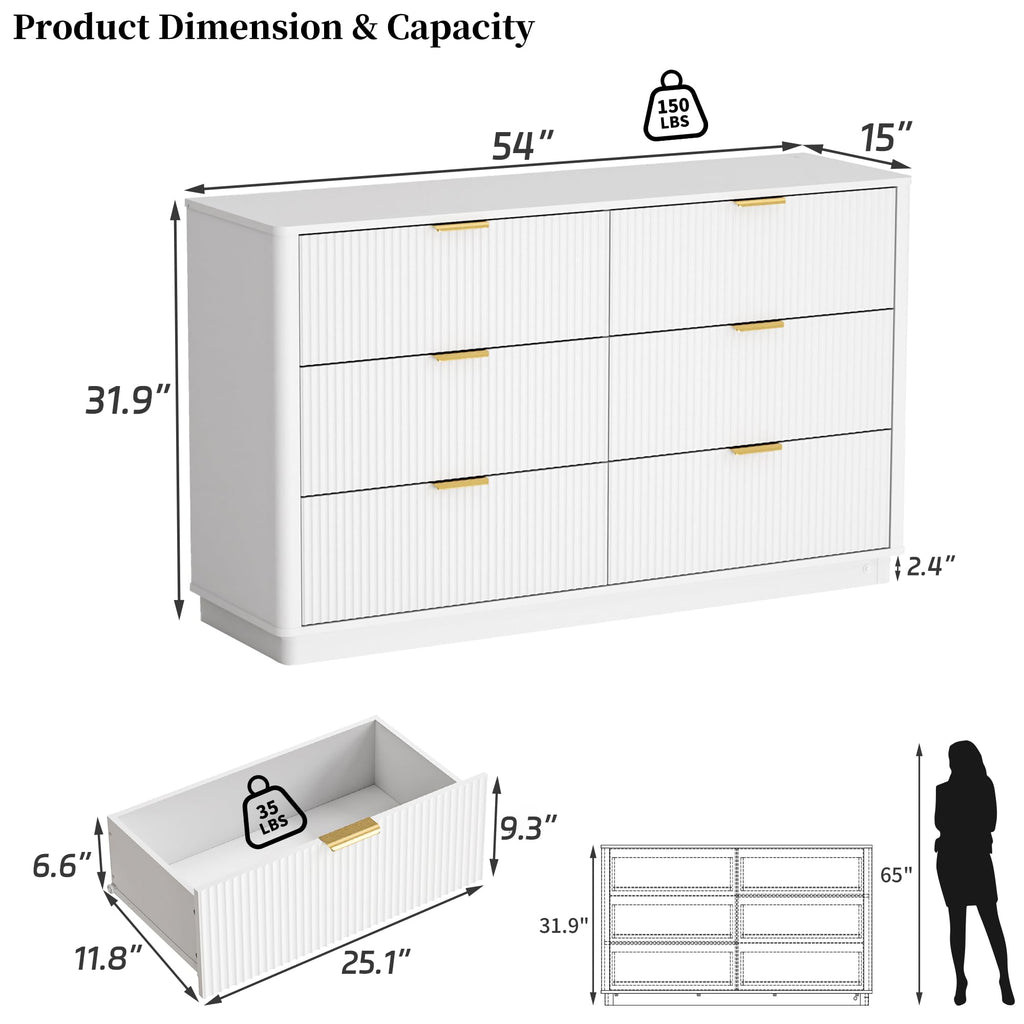 Fluted Dresser with 6 Drawers, 54" Wide Modern Chest of Drawers with Lighting, Wooden Dresser TV Stand with Curved