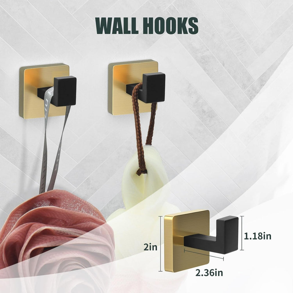 5 Piece Black and Gold Towel Bar Set - Gold and Black Bathroom Accessories with 2 Towel Hook, Stainless Steel Wall
